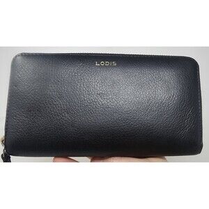 Lodis Black Pebbled Leather Zip Around Clutch Organizer Wallet Credit Card